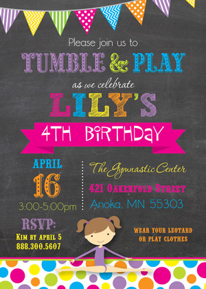 Dots Gymnastics Girl Chalkboard Birthday Invitations