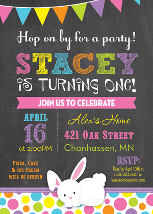 Easter Bunny Colorful Dots Birthday Invitations