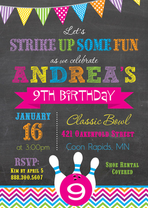 Classic Bowling Ball Chalkboard Chevrons Invitations