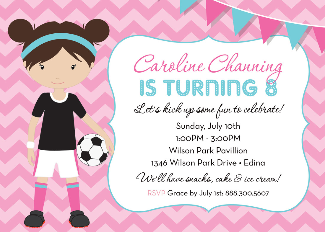 Pink Chevrons Dark Hair Soccer Girl Birthday Invitation