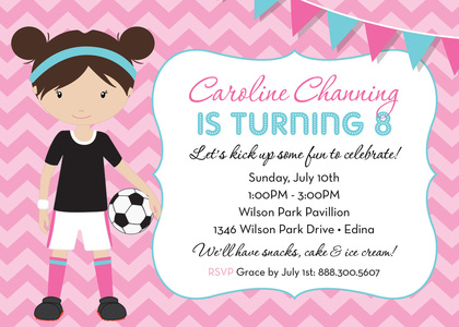 Pink Chevrons Redhead Soccer Girl Birthday Invitations