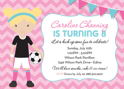 Pink Chevrons Dark Hair Soccer Girl Birthday Invitation