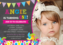 Bright Pinwheels Chalkboard Photo Birthday Invitations