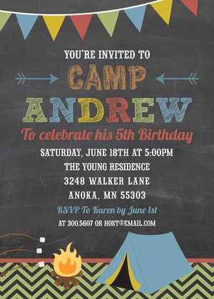 Hot Pink Camping Girls Chalkboard Birthday Invitations