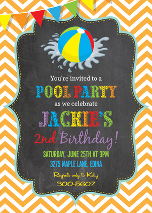 Orange Chevrons Pool Party Beach Ball Invitations