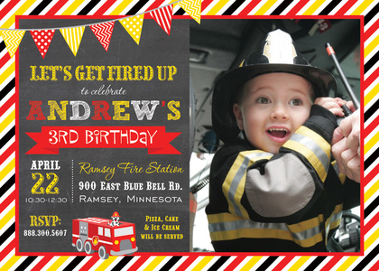 Fire Truck Chalkboard Stripe Banners Invitations