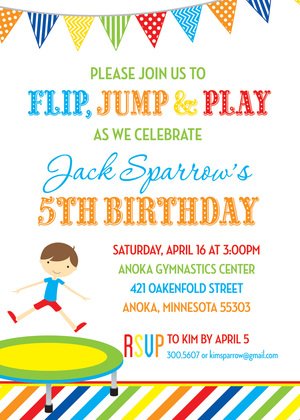 Trampoline Boy Colorful Stripes Chalkboard Invitations