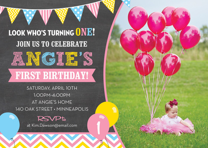 Pink Green Purple Balloons Chalkboard Photo Invitations