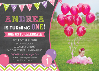 Pink Blue Yellow Balloons Chalkboard Photo Invitations