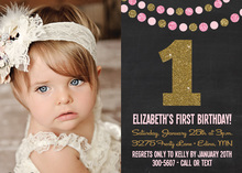 Gold Glitter Pink Stripes Photo Birthday Invitations