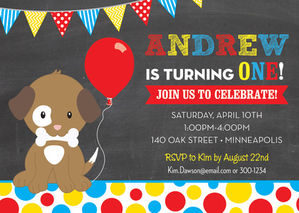 Cutest Puppy Dog Red Balloon Birthday Party Invitations