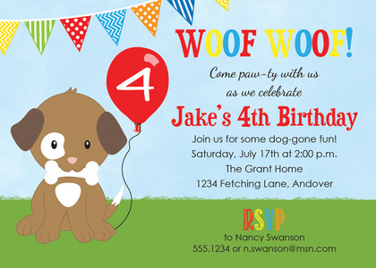 Puppy Dog Primary Dots Chalkboard Birthday Invitations