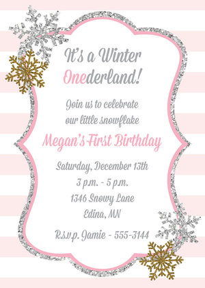 Glitter Snowflakes Pink Stripes Photo Invitations