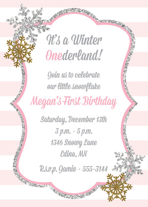 Glitter Snowflakes Purple Stripes Birthday Invitations