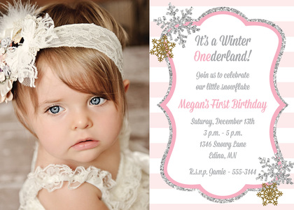 Glitter Snowflakes Pink Stripes Birthday Invitations