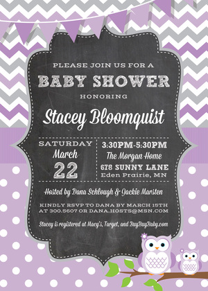 Purple Chevron Owls Baby Shower Fill-in Invites