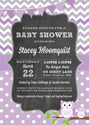 Purple Chevron Owls Baby Shower Bingo Cards