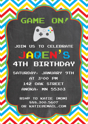 Dark Chevrons Chalkboard Video Game Birthday Invites
