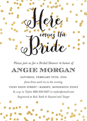 Here comes the Bride Chalkboard Gold Confetti Invites