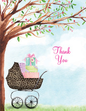 Pink Gray Polka Dot Baby Carriage Thank You Cards