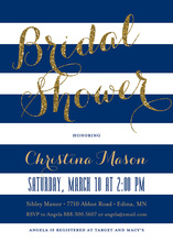 Navy Stripes Gold Glitter Here Comes the Bride Invites