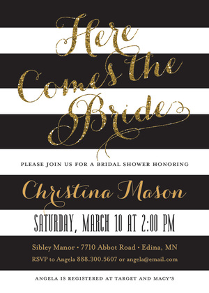 Mint Stripes Gold Glitter Here Comes the Bride Invites