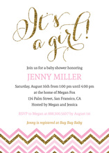 Pink Gold Glitter Chevrons It's a Girl Invitations