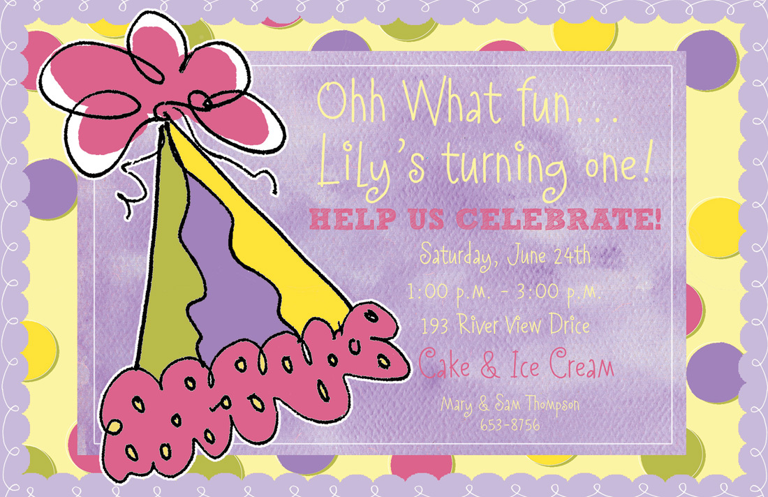 Party Hat Over Purple Birthday Party Invitations