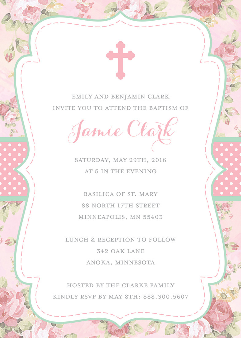 Shabby Chic Watercolor Roses Christening Invitations