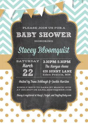 Grey Chevrons Coral Polka Dots Chalkboard Invitations