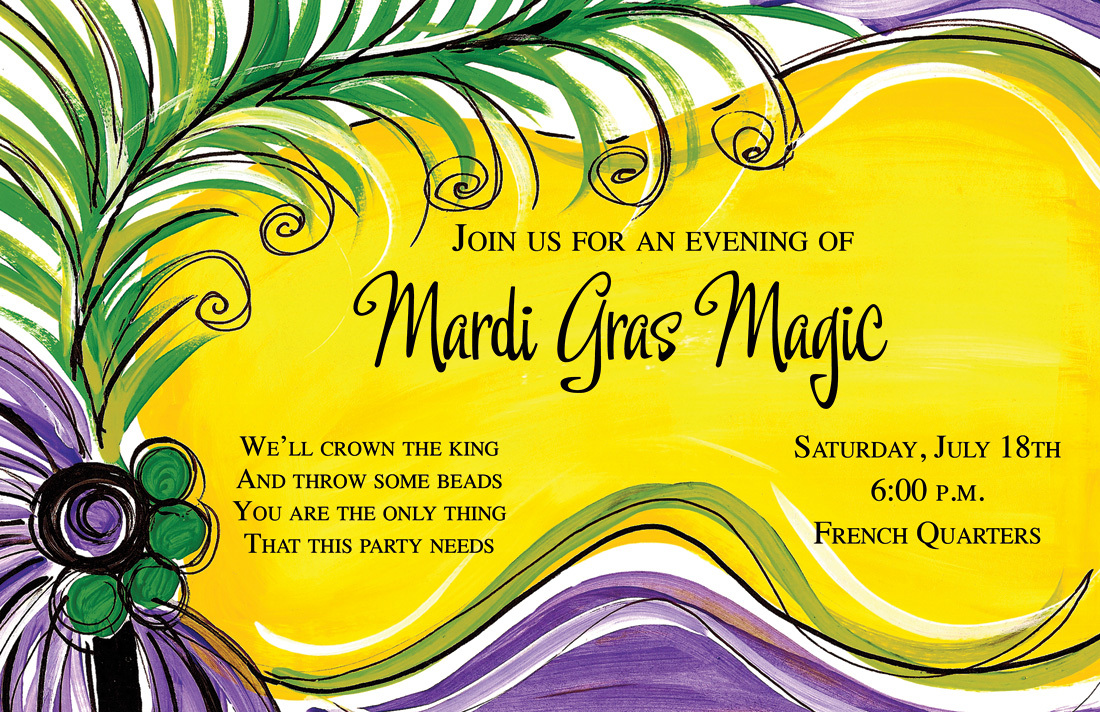 Green Purple Feathers Mardi Gras Invitations