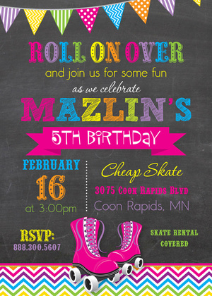 Pink Roller Skates Chevron Pattern Fill in Invitations