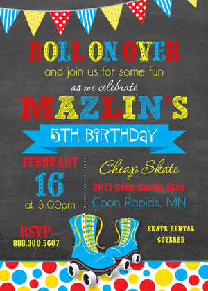 Aqua Roller Skates Chalkboard Birthday Invitations