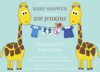 Giraffe Girl Clothesline Aqua Invitation