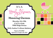 Vintage Green Tiles Pink Buggy Invitation