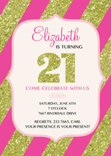 Pink Stripes Gold Glitter 21 Invitation
