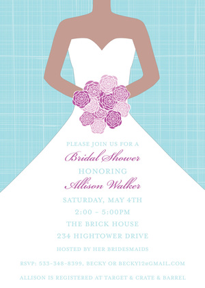 Blue Crosshatch Purple Floral Bride Invitation