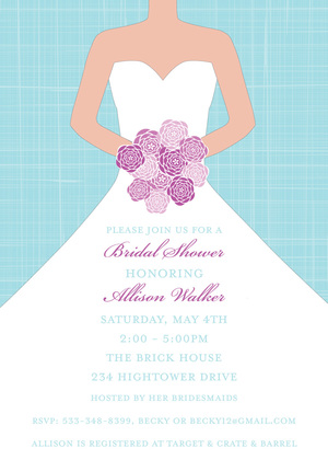 Blue Crosshatch Purple Floral Bride Invitation