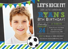 Blue Green Stripes Soccer Chalkboard Photo Invitations