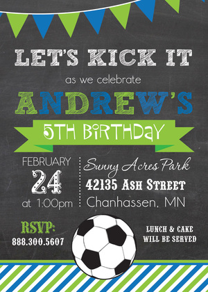 Pink Stripes Soccer Chalkboard Birthday Invitations