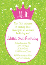 Green Glitter Pink Princess Crown Birthday Invitations