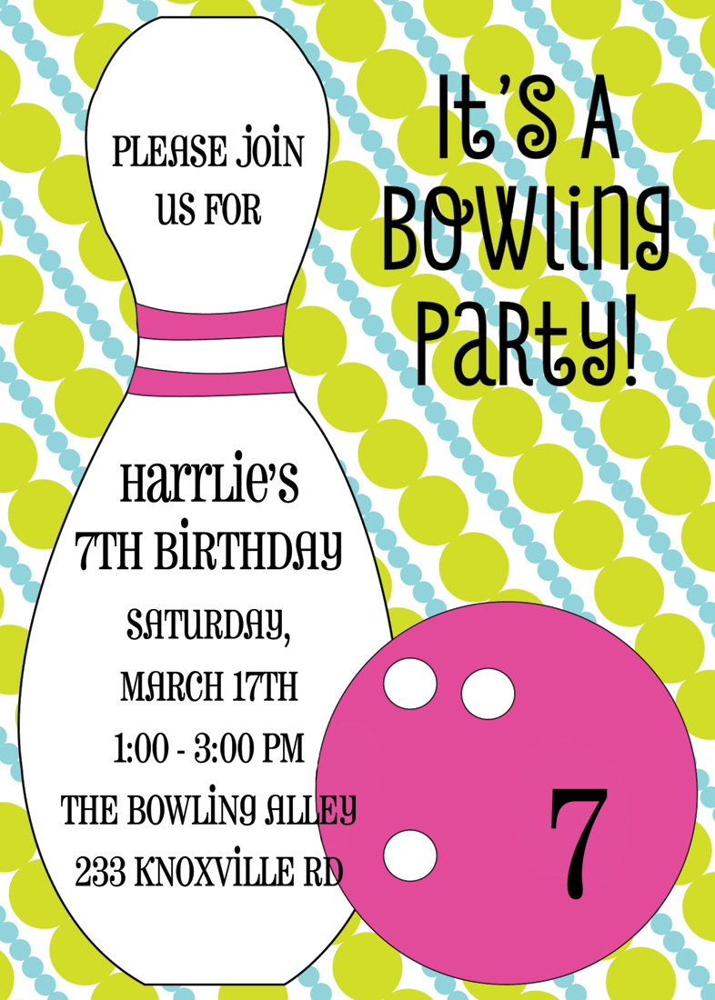 Bowling Pizza & Arcade Birthday Invitation Girl/pink Colors 