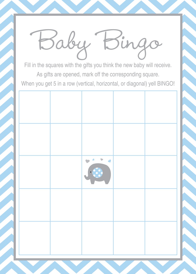 Blue Chevron Elephant Baby Shower Bingo Game