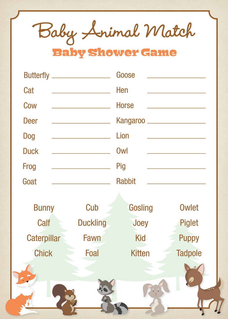 Name the Baby Animal, Woodland Theme Baby Shower Games Printable