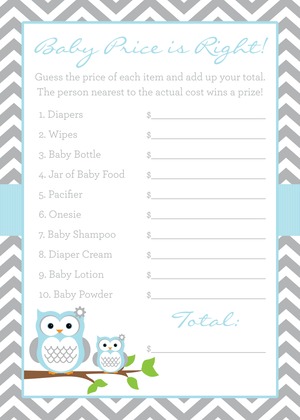 Powder Blue Adorable Hoot Baby Bingo Cards