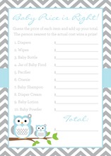 Powder Blue Adorable Hoot Baby Shower Price Game