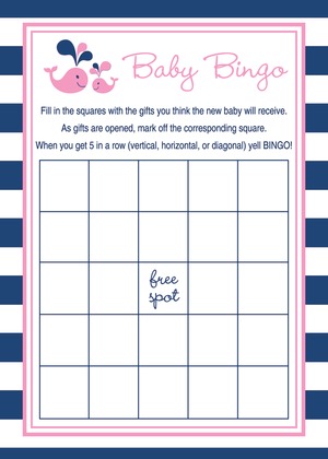 Blue Whale Splash Baby Shower Bingo Cards