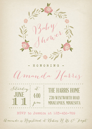 Rose Wreath Pink Stripes Baby Shower Invitations
