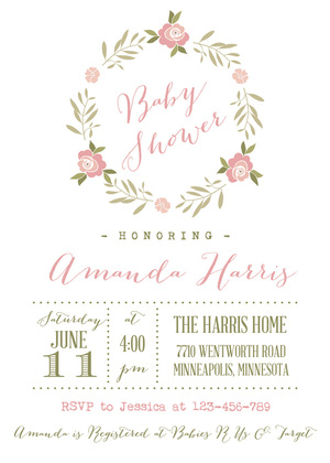 Rose Wreath Soft Pink Baby Shower Invitations