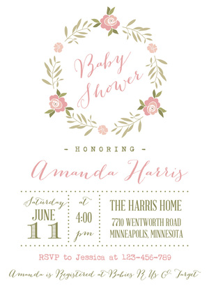 Rose Wreath Pink Stripes Baby Shower Invitations